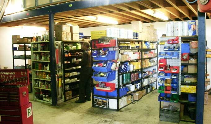 Warehouse of truck and trailer parts on shelves
